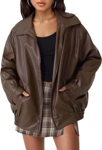 Detailed look at the oversized dark brown faux leather motorcycle jacket with front zipper