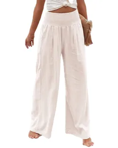 Elegante cremefarbene Freizeithose mit hohem elastischem Bund und weitem Bein für Damen