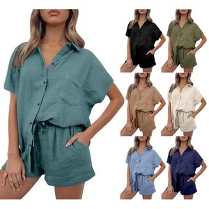 Women Casual Two Piece Set Cotton Blend Crinkled Short Sleeve Button Down Shirt And Drawstring Shorts Summer Vacation Outfit