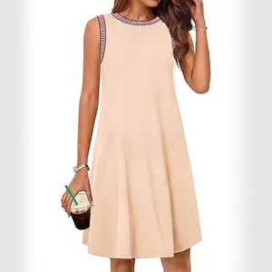 Damen Casual Ärmelloses Minikleid Sommer Rundhals Lockeres Strandkleid Mit Taschen Und Gestreiftem Besatz Polyester Baumwolle