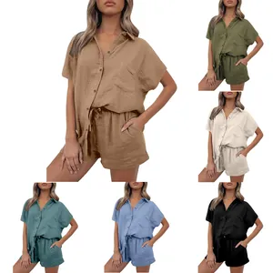 Multi-color detailed view of casual cotton linen shirt and drawstring shorts set