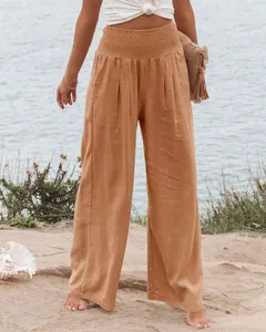 Lässige Damen-Baumwollhose mit hoher Taille, gesmoktem Bund und weitem Bein in Terrakotta