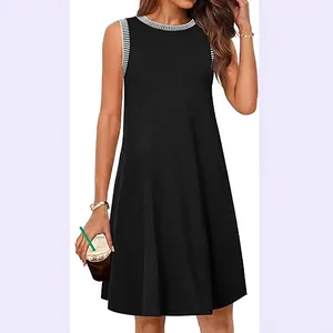 Ärmelloses schwarzes Sommer-Minikleid für Damen, lockeres Strandkleid mit Streifen