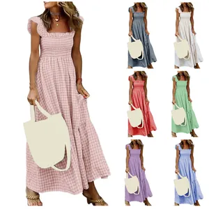 Multi-colored gingham maxi dresses featuring a shirred bodice and square neckline design