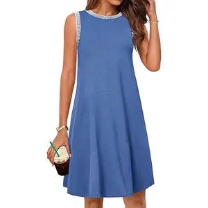 Blaues ärmelloses A-Linien-Minikleid mit gestreiftem Rand und Rundhalsausschnitt für den Sommer