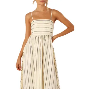 Detailed view of an elegant striped summer camisole dress with spaghetti straps