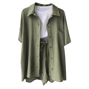 Women's two-piece cotton linen set featuring olive green button-down shirt and matching shorts