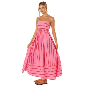 Detailed view of an elegant pink and red striped vacation maxi dress with spaghetti straps