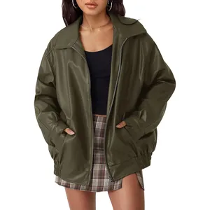 Women's stylish oversized olive green faux leather biker jacket with loose fit design