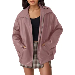 Oversized dusty rose faux leather biker jacket for women with stylish zipper closure