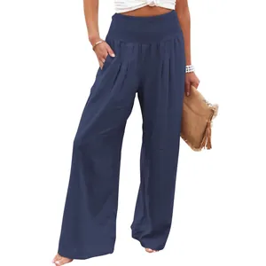 Pantaloni casual da donna in cotone blu navy a vita alta con arricciatura smock