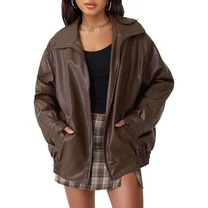 Women's oversized brown faux leather biker jacket with a loose fit and zipper