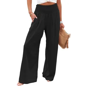 Pantaloni casual da donna a gamba larga in cotone a vita alta