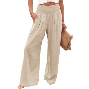 Pantaloni larghi casual estivi da donna in cotone e lino con vita alta a punto smock
