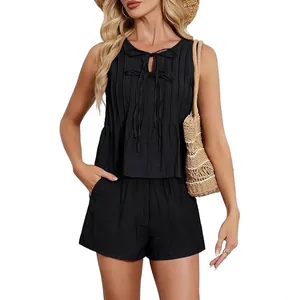 Ensemble deux pièces noir froissé pour femme pour les vacances à la plage et les croisières