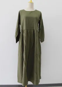 Front view of army green cotton linen long sleeve loose casual dress on mannequin