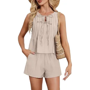 Ensemble 2 pièces en lin plissé pour femme avec haut sans manches et short de vacances