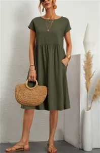 Abito midi casual in cotone verde oliva con scollo rotondo per donna stile OL estate