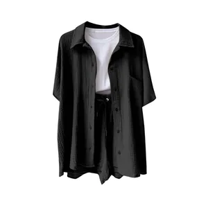 Women's black cotton linen short sleeve shirt and shorts two-piece set with white inner