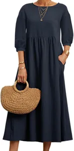 Elegant navy blue loose cotton linen midi dress with long sleeves and pleated waist