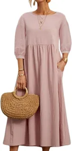 Full-length view of a pink long-sleeved cotton linen loose casual maxi dress with pockets