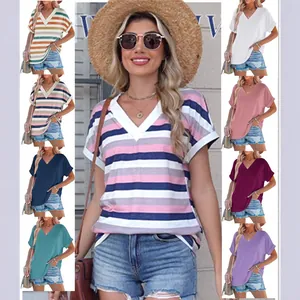 Dames Zomer V-Hals Vleermuismouw Top Losse Katoen Polyester Gemerceriseerde Casual Gestreepte T-Shirt Zachte Mode Kleding