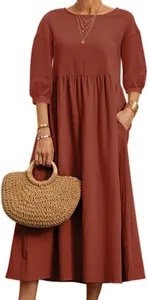 Casual loose long sleeve cotton linen maxi dress for women in terracotta with woven bag