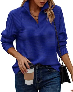 Detail view of blue ribbed women's sweatshirt with quarter-zip mock neck and loose fit