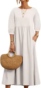 Loose fit white cotton linen long-sleeve midi dress with side pockets