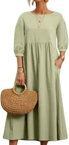 Detail of a light green cotton linen loose-fit long-sleeved midi dress for women