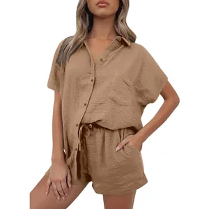 Detail view of women's brown cotton linen shirt and shorts loungewear set
