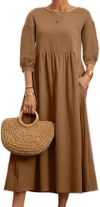 Detailed view of brown cotton linen long sleeve loose casual midi dress with pockets