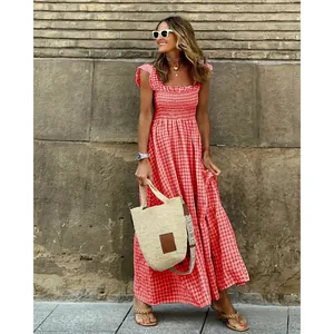 Summer red gingham maxi dress with smocked bodice and ruffled straps street style view
