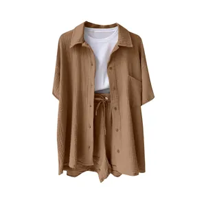 Casual two-piece women's set with coffee brown cotton linen shirt and drawstring shorts