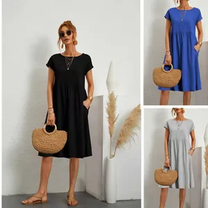 Abito estivo casual in cotone con scollo rotondo e linea ad A in diversi colori