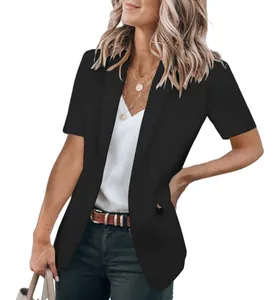 Elegant black short sleeve blazer jacket for women, perfect for office and casual wear