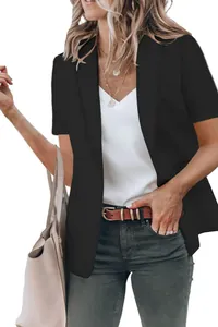Professional women's short-sleeved blazer in solid black, ideal for stylish summer office outfits