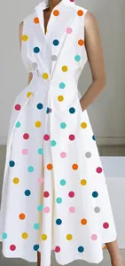 Sleeveless white V-neck maxi dress with vibrant multi-color polka dot pattern detail.