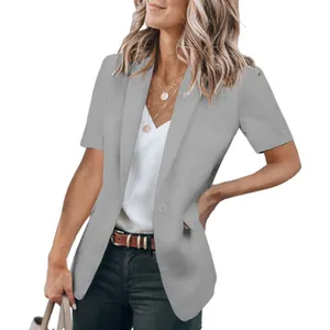 Elegant women's summer short sleeve blazer with lapel collar and single button in light gray