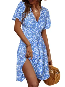 Summer blue and white floral wrap V-neck A-line midi dress on model