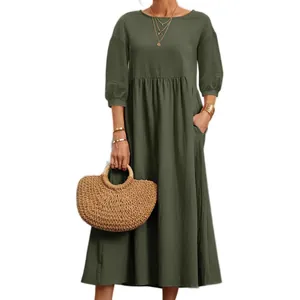 Casual army green cotton linen long sleeve loose midi dress for women