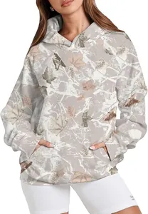 Detail of women's leaf print hoodie featuring a front pocket and warm drawstring hood.