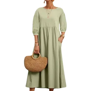 Elegant sage green long sleeve cotton linen casual loose women dress with side pockets