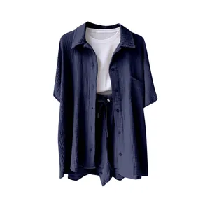 Women's casual navy blue cotton-linen shirt and shorts set with white tank top detail