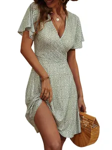 Detailed view of summer floral wrap V-neck midi dress with ruffled short sleeves