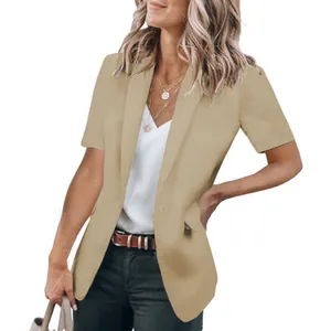 Elegant khaki short sleeve blazer for women, solid color summer business casual style
