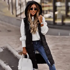 Stylish long black hooded puffer vest with single-breasted buttons for women's winter fashion