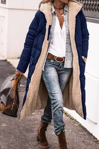 Stylish navy blue long hooded puffer coat featuring a cozy beige sherpa lining detail.