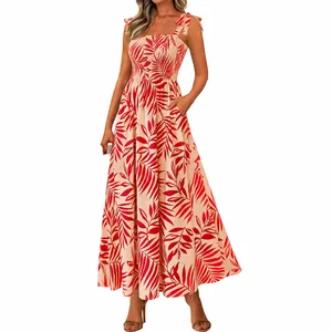 Detailed view of a red floral smocked maxi dress with tie-shoulder straps for summer.