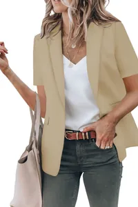 Women's casual short-sleeved khaki blazer jacket for summer in a solid color.
